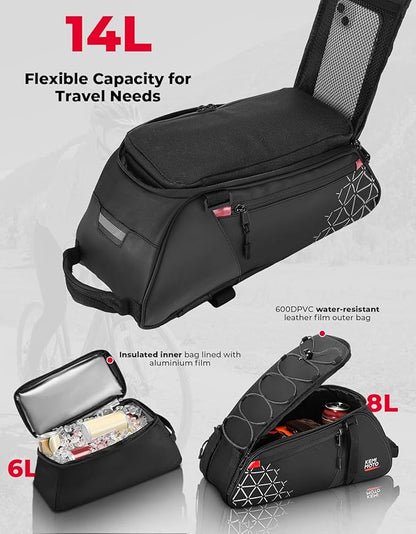 KEMIMOTO 8L Bike Bag with 6L Removable Cooler Bag, Bike Rear Rack Bag PVC Water Resistant Insulated Bag, Bicycle Trunk Pannier with Shoulder for Cycling Ebike Back Seat Storage