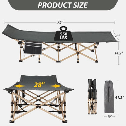 Folding Camping Cot for Sleeping, Portable Cots for Adults, Heavy Duty Cot Bed 550LBS(Max Load), Extra Wider Cots with Large Pocket for Outdoor, Office, Beach