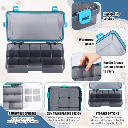 Fishing Tackle Boxes Waterproof 3600 Tackle Trays with Removable Dividers Plastic Storage Organizer Bait Vault Camouflage Box for Freshwater Saltwater (Blue)