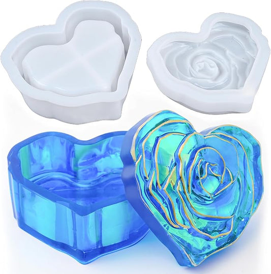 Heart Jar Resin Mold with Rose Lid Epoxy Resin Storage Box Casting Molds DIY Jewelry Trinket Candy Container Silicone Mould Concrete Cement Plaster Planter Candle Vessel Craft Silicone Molds