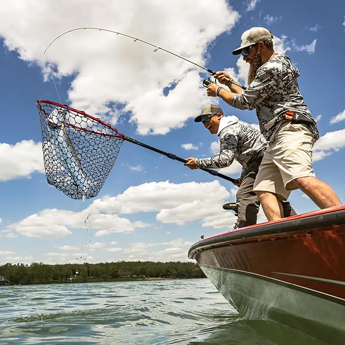Telescoping Metal Lock Fishing Net with Handle Red Green 64" 52" 3-Section Rubber Fish Net - Adjustable Length Lightweight Foldable Large Big Collapsible Extendable Fishing Net