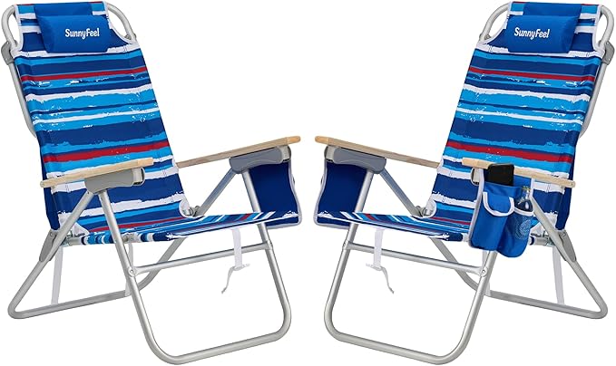 SUNNYFEEL High Back Folding Beach Chair, Tall Beach Chair with 3 Reclining Position, Portable Camping Chair for Adults, Wood Armrest, Lightweight Camping Chair 300 lbs Heavy Duty, Blue Stripe, 2 Pack