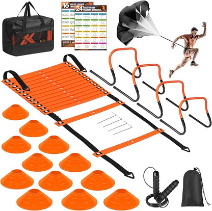 Agility Speed Training Equipment Set, Football Practise Set with 20ft Agility Ladder, 12 Cones, 4 Adjustable Hurdles, Jump Rope, Parachute, for Basketball, Soccer, Football, Kids, Youth, Adults