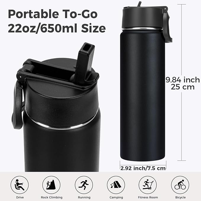 Neihepal 22 oz Insulated Water Bottles Bulk, Stainless Steel Water Bottles Bulk with Leak Proof Straw Lid, Wide Mouth Double Walled Vacuum Keeps Cold and Hot(Mix,8 Pack)
