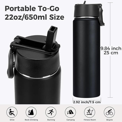 Neihepal 22 oz Insulated Water Bottles Bulk, Stainless Steel Water Bottles Bulk with Leak Proof Straw Lid, Wide Mouth Double Walled Vacuum Keeps Cold and Hot(Mix,8 Pack)