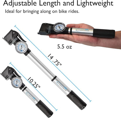 Lumintrail Portable Mini Bike Pump Fits Presta Valve & Schrader Valves - Frame Mount Bicycle Tire Air Pump with Pressure Gauge - Portable Small Ball, Bike Pump