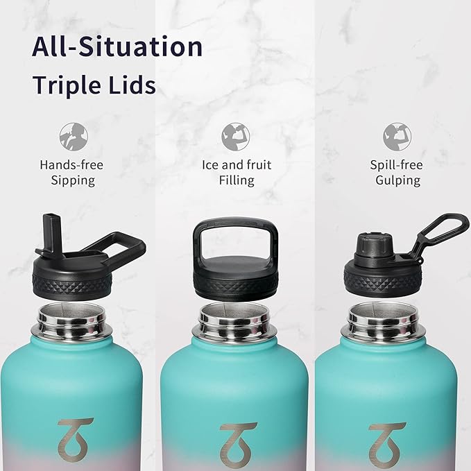 Trebo Water Bottle Insulated with Lid and Straw, Double Wall Vacuum Stainless Steel Metal Tumbler Sports Flask with Paracord Handle, Keep Cold 48 Hours Water Cup with 3 Lids, Hydrangea