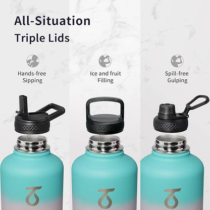 Trebo Water Bottle Insulated with Lid and Straw, Double Wall Vacuum Stainless Steel Metal Tumbler Sports Flask with Paracord Handle, Keep Cold 48 Hours Water Cup with 3 Lids, Hydrangea