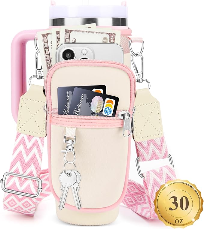 Water Bottle Carrier Bag with Strap for Stanley 40/30 oz Tumbler with Handle, Water Bottle Holder Pouch with Phone Pocket for Stanley Cup Accessories, fit Walking Hiking Travel