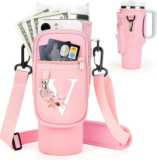 Initial Water Bottle Holder with Strap for Stanley 40 oz Tumbler/Simple Modern 40 oz Tumbler,Water Bottle Carrier Bag with Strap,Personalized A-Z Phone Pocket for Stanley Cup Accessories