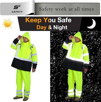 sesafety Hi Vis Rain Jacket, Rain Suits for Men Waterproof withBlack Bottom, Rain Coats for Men Interior Mesh, Class 3 HighVisibility Rain Gear,Removable Hood