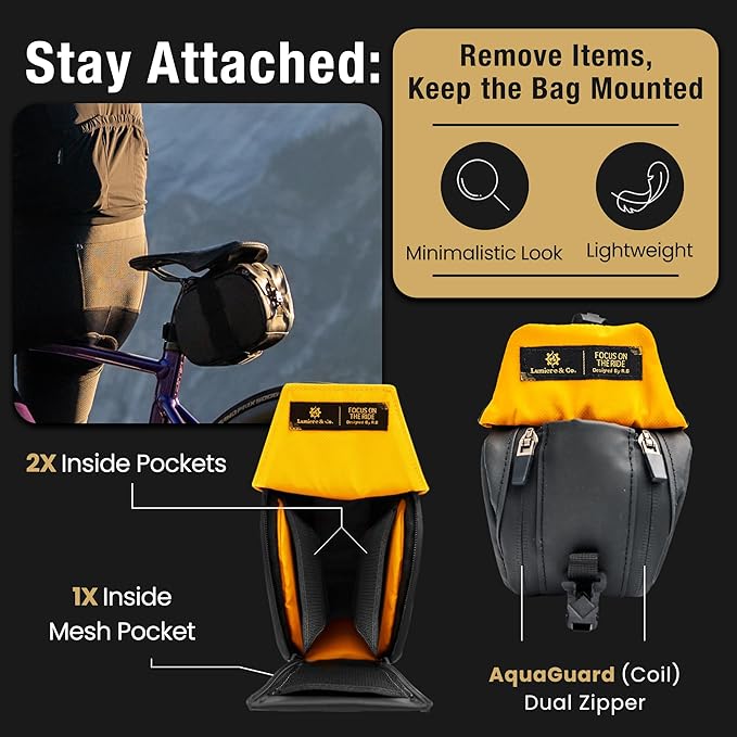 Lumiere & Co. Maximus Magnetic Bike Seat Bag – Quick-Attach Saddle Bag with AquaGuard Zippers, Secure Under-Seat Storage for Cycling Gear & Accessories (Black, Small)