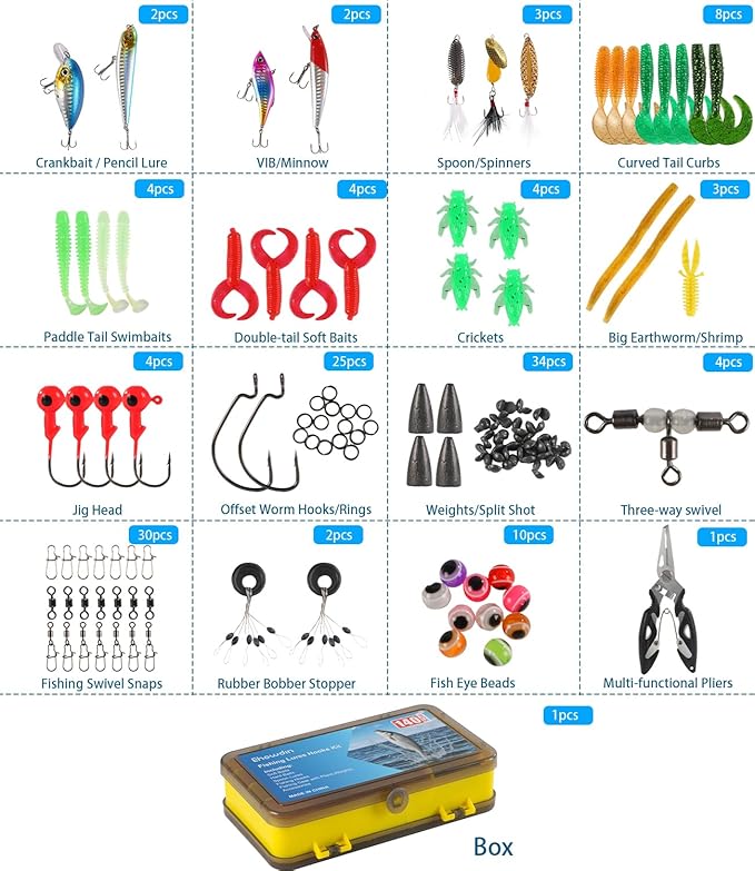 Fishing Lures Hooks Kit, Fishing Gear Tackle Box Kit with Pliers, Bionic Baits,Spoon Lures, Hooks, Weights Freshwater, Saltwater and Accessories for Men Women Kids Fishing Tackles Gift