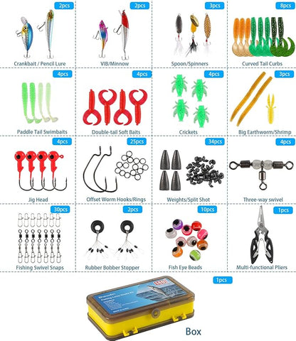 Fishing Lures Hooks Kit, Fishing Gear Tackle Box Kit with Pliers, Bionic Baits,Spoon Lures, Hooks, Weights Freshwater, Saltwater and Accessories for Men Women Kids Fishing Tackles Gift