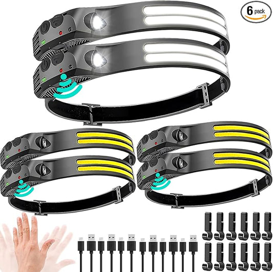 LED Headlamp Rechargeable 6PCS - 230° COB Super Bright Head Lights for Forehead, Hard hat Light for Adults, USB C Headband Flashlight for Work, Hiking, Running, Camping Essentials Gear