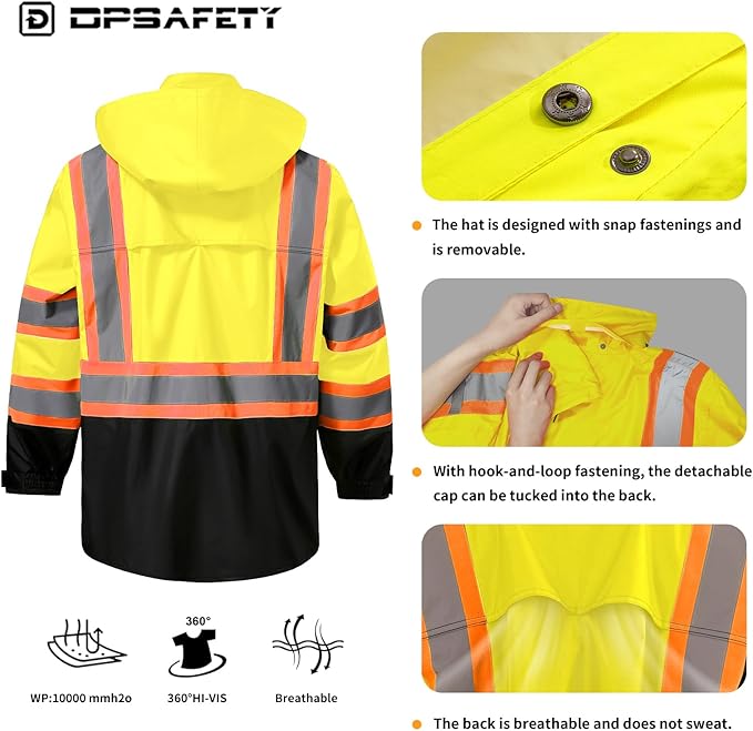 Reflective Rain jackets for men waterproof,Hi Vis Safety Coat With Reflective Strips，High Visibility Class 3 Rain jackets With 2 large pockets,Zipper,Lime,SM/MD