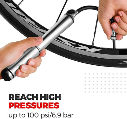 PRO Bike Tool Mini Bike Pump Premium Edition - Fits Presta and Schrader valves - High Pressure PSI - Bicycle Tyre Pump for Road and Mountain Bikes