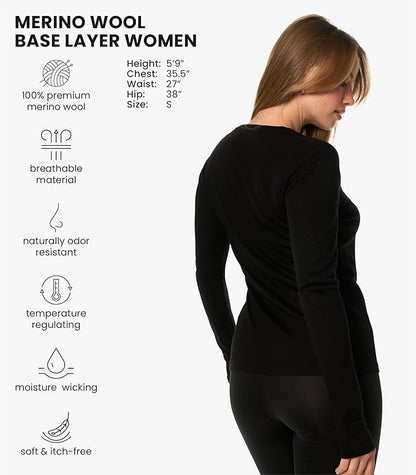 Merino Wool Base Layer Women - 100% Merino Wool Shirt Women Thermal Underwear Long Sleeve T-Shirt for Hiking