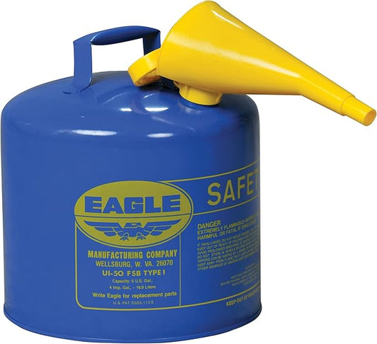 Eagle 5 Gallon Type I Blue Safety Gas Can for Kerosene with Flame Arrester, Self-Closing Lid, and F-15 Funnel, Made in the USA, Galvanized Steel Flammable Storage Can, UI50FSB