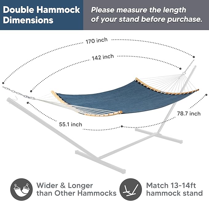 SUNCREAT Hammocks Two Person Tree Hammock, Heavy Duty Curved Bar Hammock for Poolside, Garden, Backyard, Patio, 450lbs Capacity, Navy