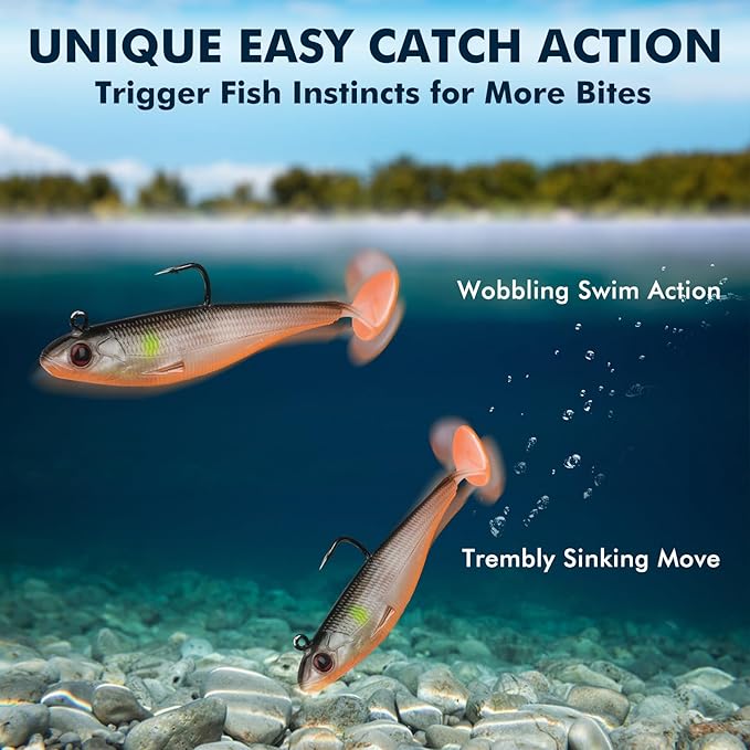 TRUSCEND Easy Catch Pre-Rigged Soft Lures, Unique Vibrating Swim Action and Trembly Sinking Move for More Bites, Amazing Soft Swimbait for Family Fishing, Fishing Lures for Bass Trout Crappie Walleye