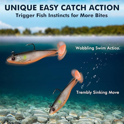 TRUSCEND Easy Catch Pre-Rigged Soft Lures, Unique Vibrating Swim Action and Trembly Sinking Move for More Bites, Amazing Soft Swimbait for Family Fishing, Fishing Lures for Bass Trout Crappie Walleye