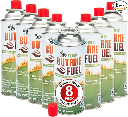 Jo Chef Butane Fuel Canister, 8 oz Butane Cylinder - Pure Refined Gas for Camping Stove or Creme Brulee Blow Torch, 8 Cans