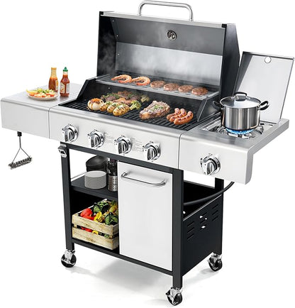 5-Burner Propane BBQ Grill with Side Burner, Each Main Burner 10,000 BTU, 50,000 BTU Total, Stainless Steel Outdoor Gas Grill, Porcelain Cast Iron Grates, Lockable Wheels for Backyard & Patio