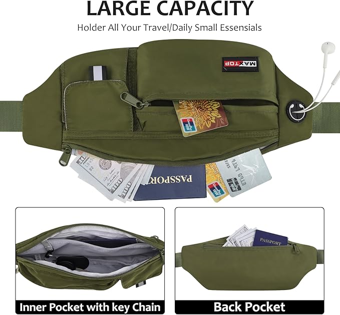 MAXTOP Large Fanny Pack Cross Body Bag Lightweight Belt Bag with Headphone Jack and 5-Zipper Pockets Adjustable Straps for Travel Dog Waliking Sports Running