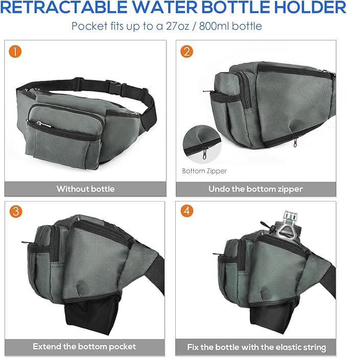 NOOLA Fanny Pack Waist Bag for Men Women, Lightweight Waist Pack with Water Bottle Holder, Adjustable Belt Bag with Multi-Pockets for Hiking, Dog Walking, Outdoor, Cycling, Running, Travel, Grey
