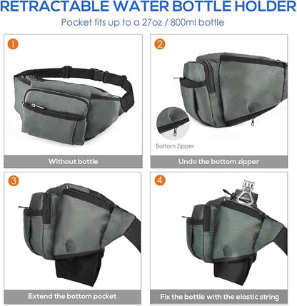 NOOLA Fanny Pack Waist Bag for Men Women, Lightweight Waist Pack with Water Bottle Holder, Adjustable Belt Bag with Multi-Pockets for Hiking, Dog Walking, Outdoor, Cycling, Running, Travel, Grey
