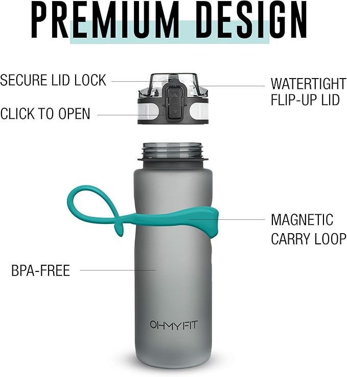 Tritan Sports Water Bottle with Magnetic Silicone Carry Strap & One Click Open Cap - Magnetic Drink Holder for Metal Equipment - Bottle w/Straps for Backpack, Belt & More (30 oz, Teal)