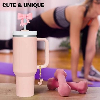 Pink Bow for Stanley Straw Topper- 3pcs Cute Cup Bow Straw Cover Silicone Cap 10mm with 2pcs Initial Letter Charms Name Id Personalized Accessories 40/30 Oz Tumbler Water Bottle Cups J
