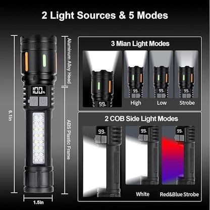 Rechargeable Flashlight High Lumens 900,000L, Peascat Super Bright LED Handheld Flashlights, Rechargeable Power Tactical Flash Light With 5 Modes, Cob Side Light, USB C, Waterproof For Home, Emergency