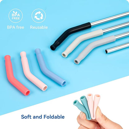 Reusable Metal Straws with Silicone Tip for Stanley 40oz,Stainless Steel Drinking Straws for 40oz Tumbler,3 Straight Tubes & 6 Tips& 1 Cleanr Brush(Cream)