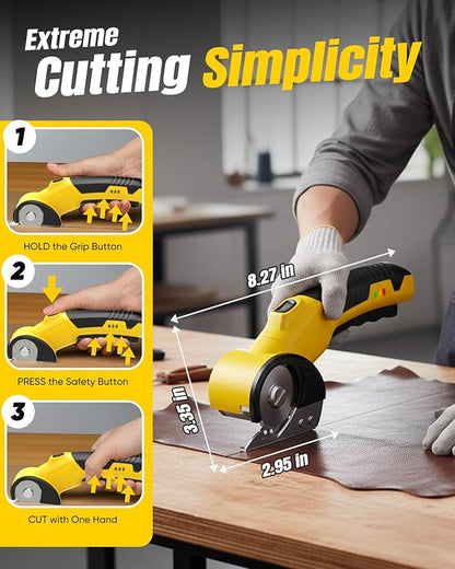 Cordless Electric Cardboard Cutter – Rechargeable Rotary Scissors for Cardboard/Fabric/Carpet/Leather, Heavy-Duty Box Cutter with Safety Lock, 2 Blades, Storage Case & Gloves for Craft, Shipping & DIY