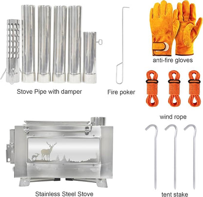 Outdoor Wood Burning Stove, Portable with Chimney Pipe for Cooking, Camping, Tent, Hiking, Fishing, Backpacking