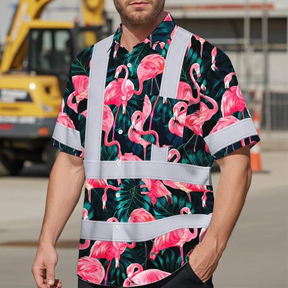 High Visibility Hawaiian Shirt for Men Tropical Shirts Custom Name Floral Outfit Reflective Safety Workwear