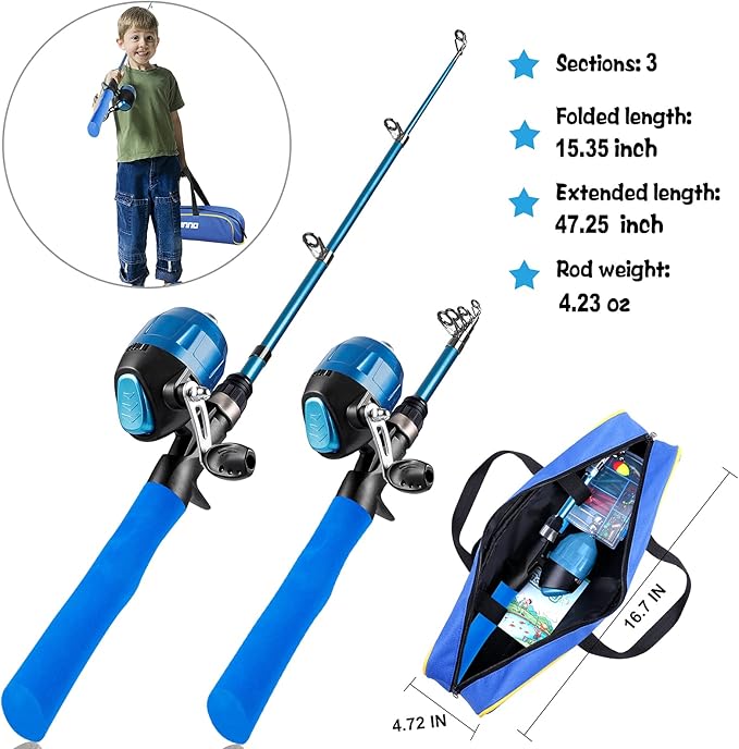 PLUSINNO Kids Fishing Pole with Spincast Reel Telescopic Fishing Rod Combo Full Kits for Boys, Girls, and Adults