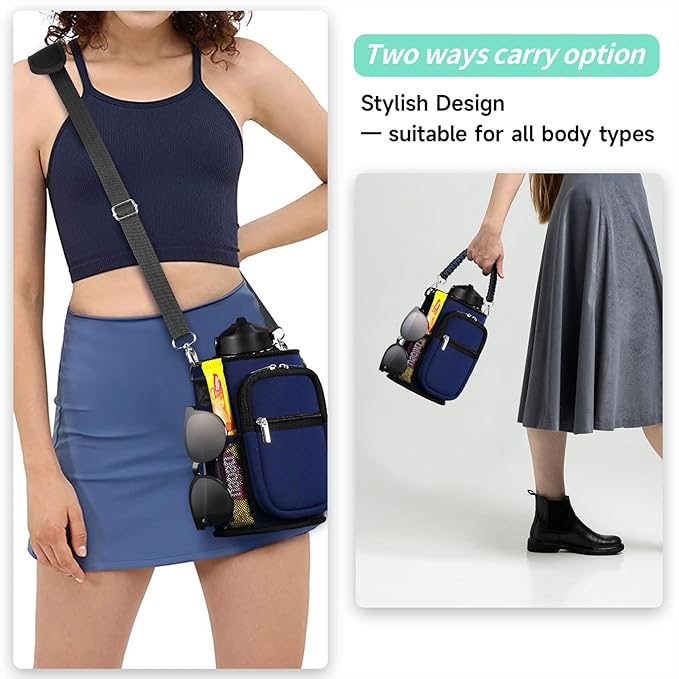 32/40/64/87/128 oz Water Bottle Carrier Bag, Neoprene Water Bottle Sleeve with 4 Pocket, Sport Water Holder with Paracord Handle and Shoulder Strap for Walking Hiking Camping Gym