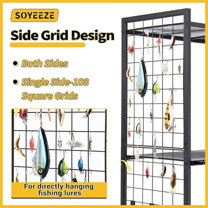 SOYEEZE Fishing Rod Holders for Garage, 4 Tier Adjustable Fishing Pole Holders Up to 12 Rods, Fishing Rod Rack with Lockable Wheels for Large Tackle Box Storage and Fishing Equipment Organization