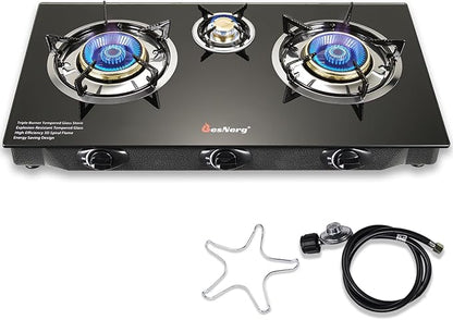 Propane Stove 3 Burner Gas Stove, 34000 BTU High-Efficiency Auto Ignition Tempered Glass LPG Cooktop with CSA Regulator and Hose – for Outdoor Camping, RV, and Emergency Cooking