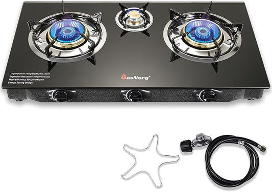 Propane Stove 3 Burner Gas Stove, 34000 BTU High-Efficiency Auto Ignition Tempered Glass LPG Cooktop with CSA Regulator and Hose – for Outdoor Camping, RV, and Emergency Cooking