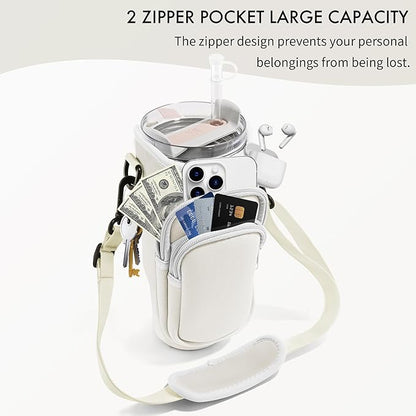 Water Bottle Carrier Bag with Phone Pocket for Stanley Cup 40/30 oz, Water Bottle Holder with Adjustable Strap& Straw Cover, Stanley Cup Accessories