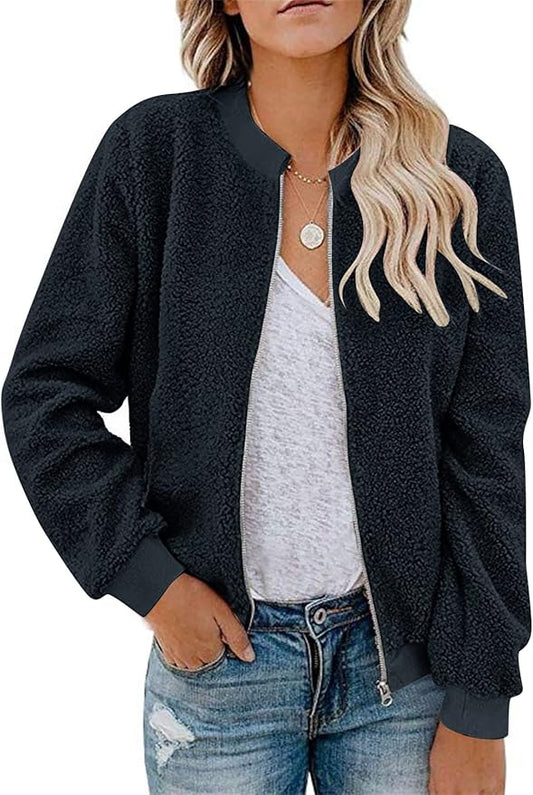 MIROL Women's Fall Trendy Fleece Jacket Faux Sherpa Fuzzy Casual Long Sleeve Zip Up Loose Fit Bomber Winter Coat