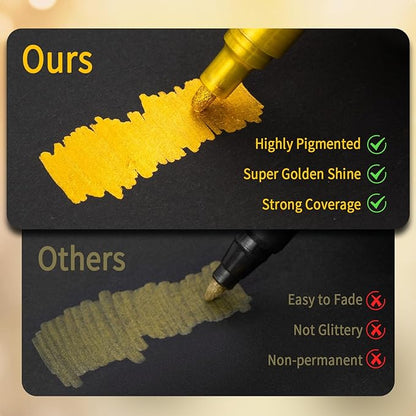 Betem Super Golden Metallic Paint Markers, 18 Colors Metallic Paint Pen Scrapbook Supplies, 2-3mm Medium Tips Glitter Markers for Black Paper, Albums, Rock Painting, Cards, Ceramic, Wood, DIY Crafts