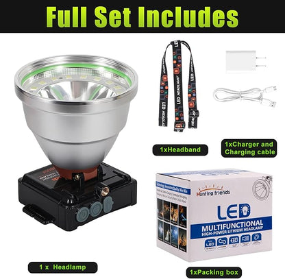 Rechargeable LED Headlamp with Flood and Spot Beam, Power Display, 5 Lighting Modes, Ultra Bright High Lumen Waterproof Head Torch for Camping, Hiking, Running, Fishing, Hunting, Outdoor Activities