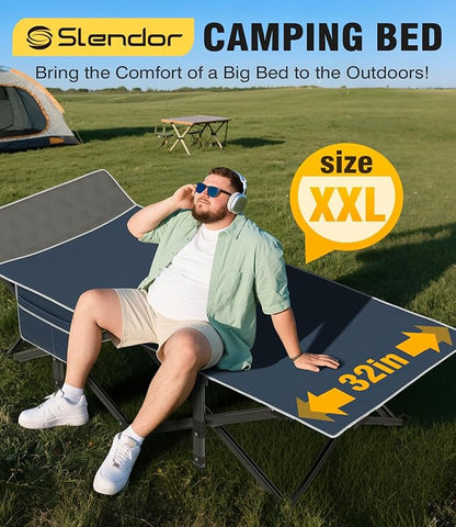Slendor XXL Camping Cot, Oversized Camping Bed, 79" L x 32" W x 19" H Sleeping Cot with Mattress, Carry Bag, Camp Cot Bed for Travel, Guest, Support 900lbs, Blue Cot+ Blue Pad