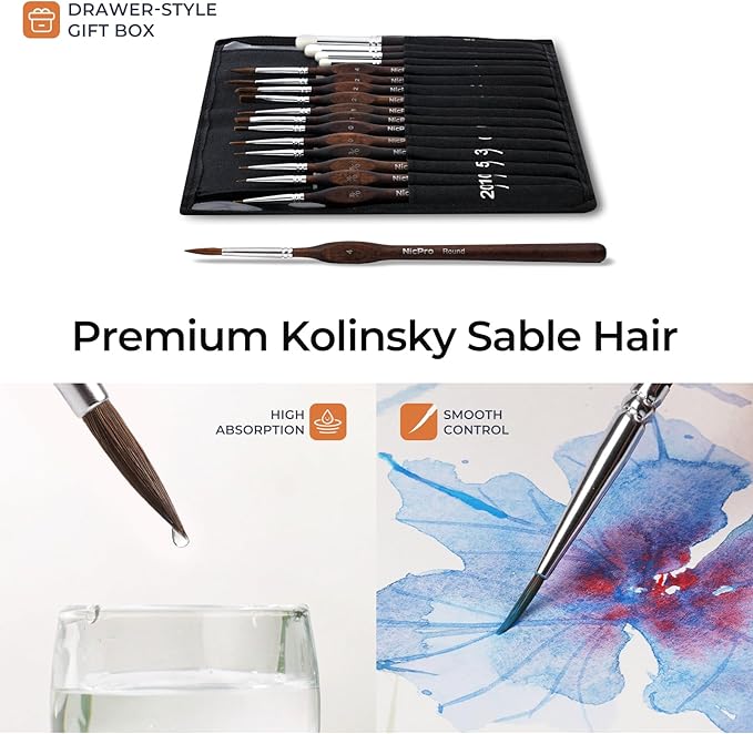 Nicpro 16 PCS Kolinsky Sable Miniature Paint Brushes Dry Brush, Professional Model Paint Brush Set with Cloth Roll, Fine Detail Artist Brush Set for Miniatures, Acrylic & Figures, Model, Watercolor