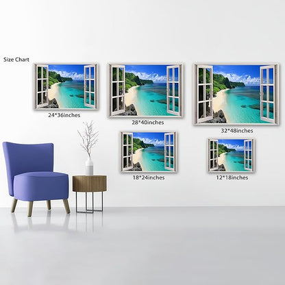 ANRUOXI Beach Window Canvas Wall Art, Enclosed Bedroom Living Room Ocean Coastal Channel Scene Picture, Tropical Sea Landscape Painting Print Artwork Horizontal Seascape Artwork for Bedroom 18x24 Inch